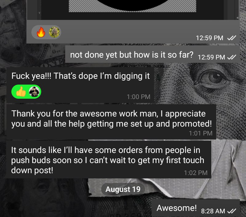 Screenshot from the Telegram Community 'PushBuds' showing great progress and results for online cannabis vendors.