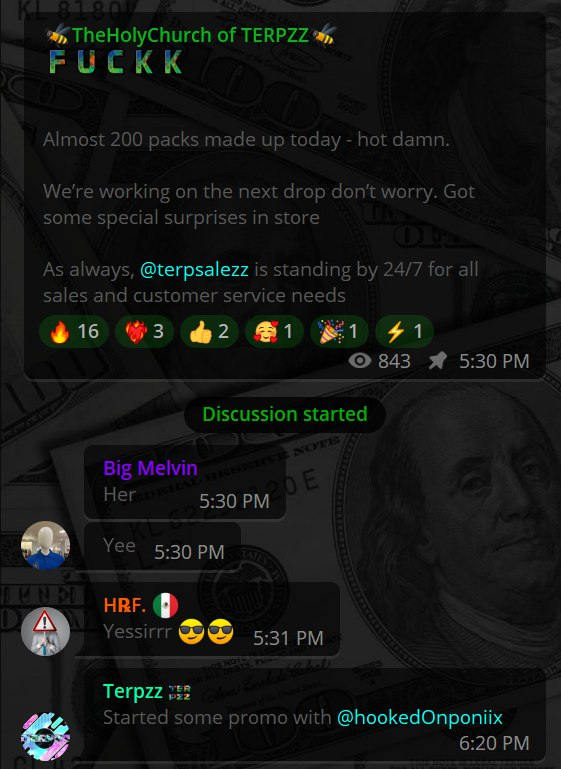 Screenshot from the Telegram Community 'PushBuds' showing great progress and results for online cannabis vendors.