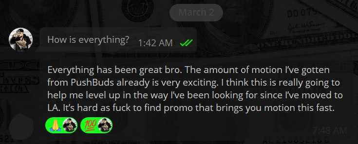 Screenshot from the Telegram Community 'PushBuds' showing great progress and results for online cannabis vendors.