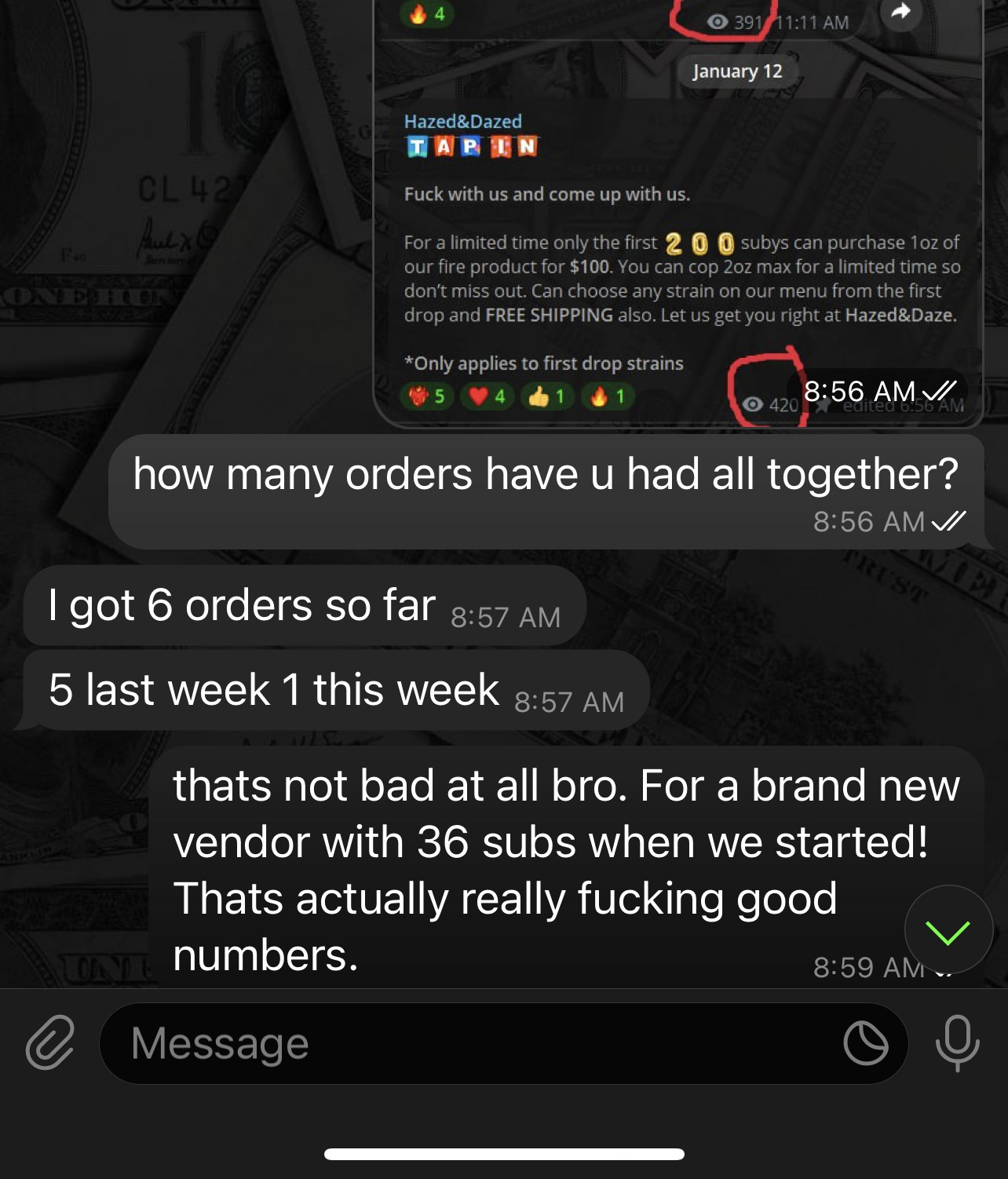 Screenshot from the Telegram Community 'PushBuds' showing great progress and results for online cannabis vendors.