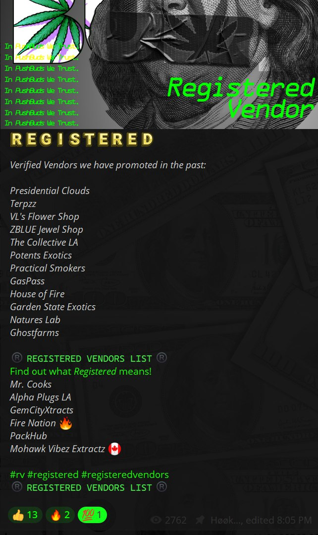 Screenshot from the Telegram Community 'PushBuds' showing great progress and results for online cannabis vendors.