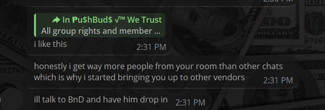 Screenshot from the Telegram Community 'PushBuds' showing great progress and results for online cannabis vendors.